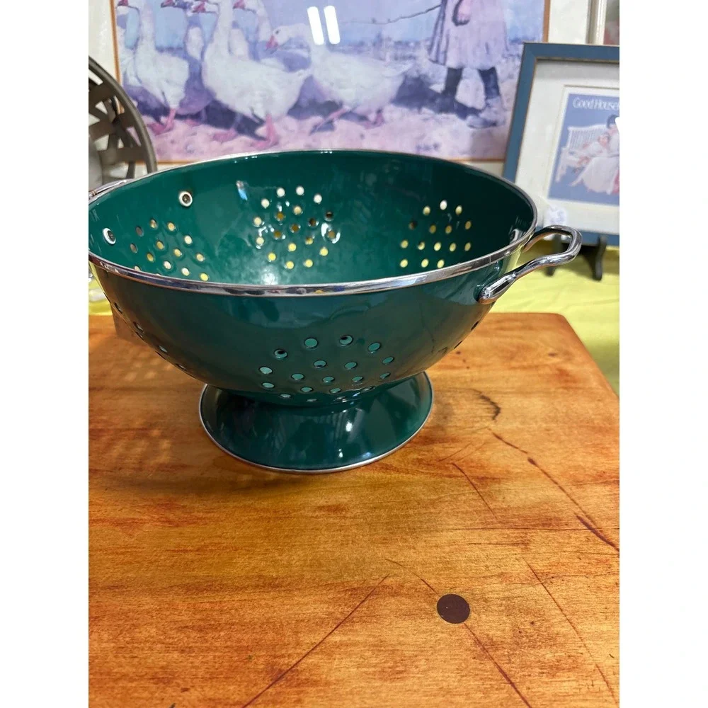 Hunter Green Enamel Colander Footed Metal Strainer with Chrome Handles 10 Inch